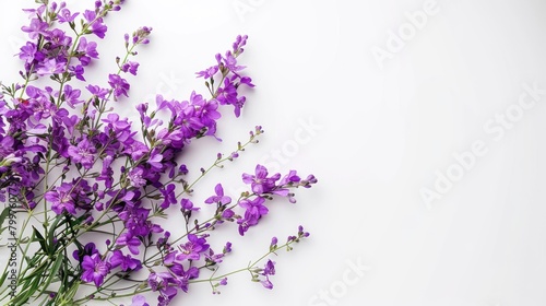 Purple color flowers on white background with copy space. AI generated