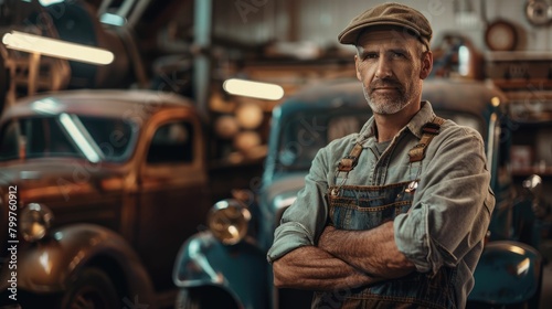 The picture of the adult mechanic looking at the camera with the vintage car in the automobile workshop that use for checking and repairing the various vehicle that need to use the experience. AIG43. © Summit Art Creations