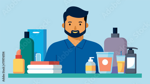 A mans bathroom countertop is filled with lavish jars and bottles of luxurious skincare products signaling his commitment to taking care of his skin..