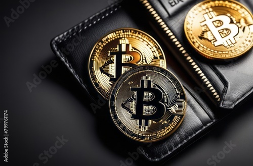 Cryptocurrency wallet, saving and investment concept. Wallet with different crypto coins like bitcoin. Wallet, bitcoin coins on a black background, for business. Golden bitcoin coins, wallet and money