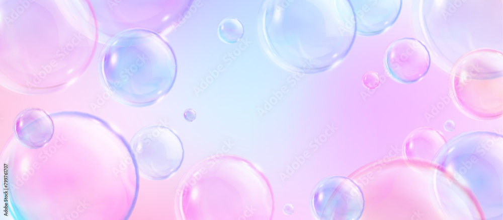 Pastel pink and blue abstract background with soft soap balls. Realistic vector illustration of horizontal bg with rainbow shampoo and wash foam sphere. Banner with flying soapy glossy water sphere. Pastel pink and blue abstract background with soft soap balls. Realistic vector illustration of horizontal bg with rainbow shampoo and wash foam sphere. Banner with flying soapy glossy water sphere.