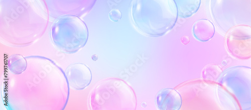 Pastel pink and blue abstract background with soft soap balls. Realistic vector illustration of horizontal bg with rainbow shampoo and wash foam sphere. Banner with flying soapy glossy water sphere.