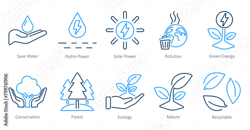 A set of 10 ecology icons as save water, hydro power, solar power