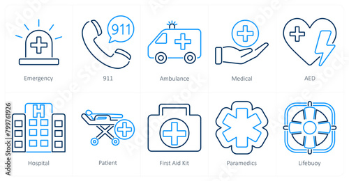 A set of 10 emergency icons as emergency, 911, ambulance