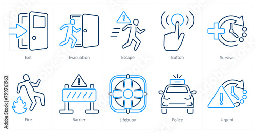 A set of 10 emergency icons as exit, evacuation, escape