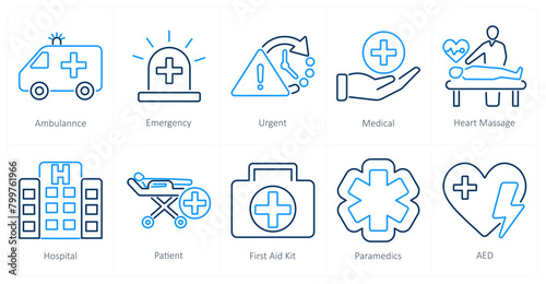 A set of 10 emergency icons as ambulance, emergency, urgent