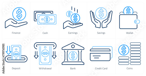 A set of 10 finance icons as finance, cash, earnings