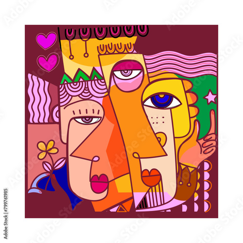 Group of colorful abstract face portrait cubism art style, decorative, line art hand drawn vector illustration. Aesthetic design for wall art, decoration, poster,card and cover.