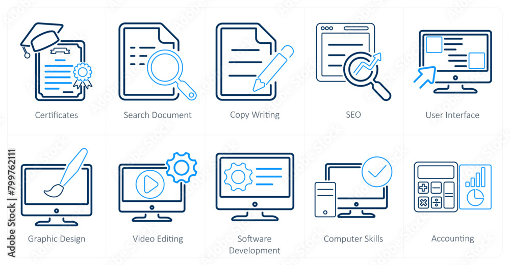 A set of 10 hard skills icons as certificates, search document, copy writing A set of 10 hard skills icons as certificates, search document, copy writing