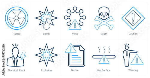 A set of 10 hazard danger icons as hazard, bomb, virus, death