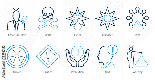 A set of 10 hazard danger icons as electrical shock, death, bomb