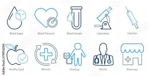 A set of 10 health checkup icons as blood sugar, blood pressure, blood sample