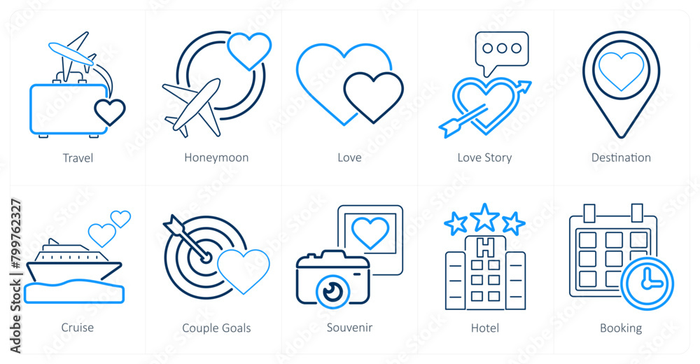 A set of 10 honeymoon icons as travel, honeymoon, love, love story A set of 10 honeymoon icons as travel, honeymoon, love, love story