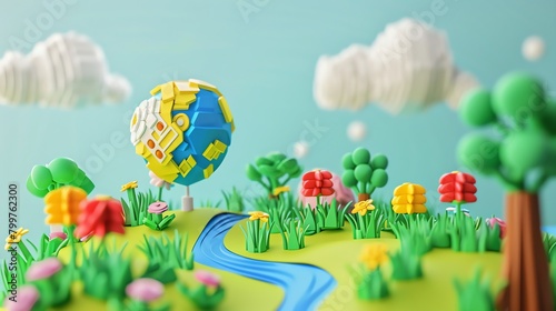 3D render illustration 16K cute landscape earth day aspect ratio 2:1
