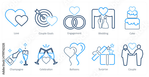 A set of 10 honeymoon icons as love, couple goals, engagement