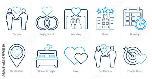 A set of 10 honeymoon icons as couple, engagement, wedding