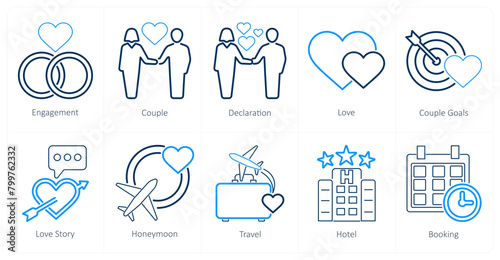 A set of 10 honeymoon icons as engagement, couple, declaration
