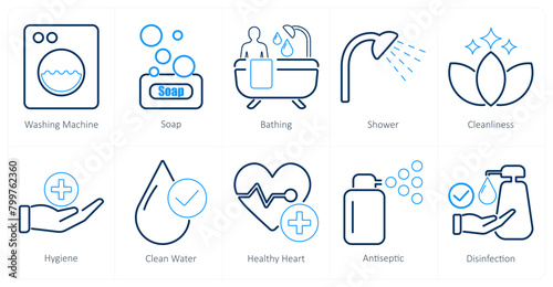 A set of 10 hygiene icons as washing machine, soap, bathing