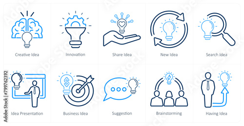 A set of 10 idea icons as creative idea, innovation, share idea