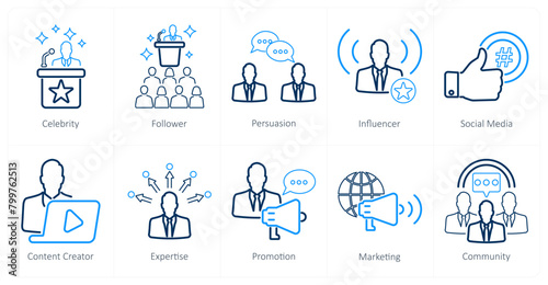 A set of 10 influencer icons as celebrity, follower, persuasion