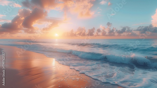 A tranquil beach scene at sunrise  soft pastel colors in the sky  designed with copy space on the left for YouTube thumbnails.