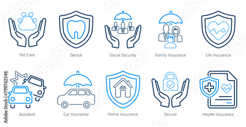 A set of 10 insurance icons as pet care, dental, social security