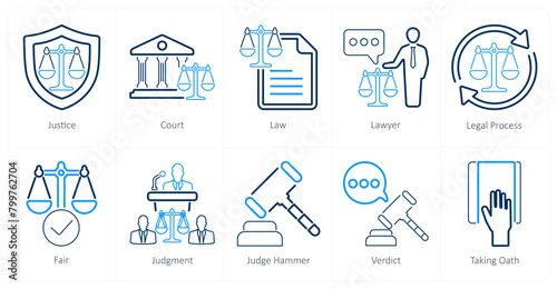A set of 10 justice icons as justice, court, law