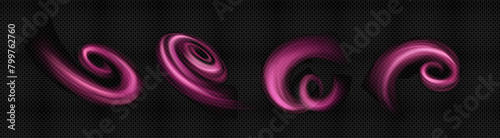 Pink air flow effect with swirl and wave trail on transparent background. Realistic vector illustration set of fresh fragrance wind blowing tail. Clean aromatic breeze outflow. Aroma spray whirlwind.