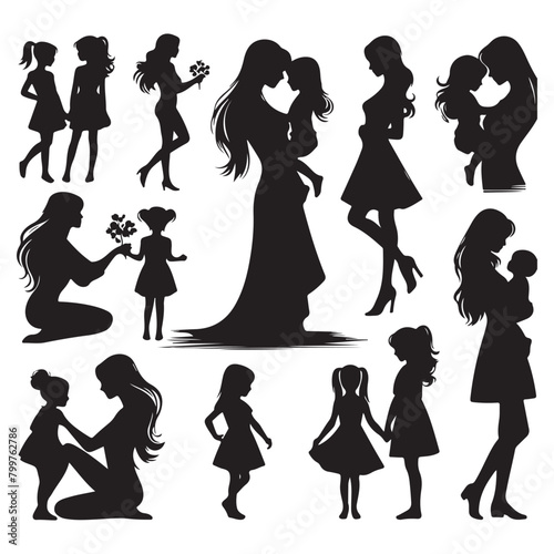 Silhouette set of mother and daughter