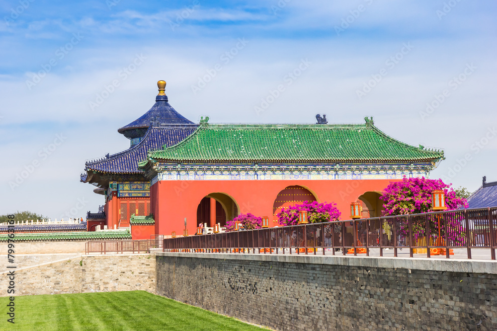 Purple flowers on the bridge in the Temple of Heaven Park in Beijing, China Purple flowers on the bridge in the Temple of Heaven Park in Beijing, China