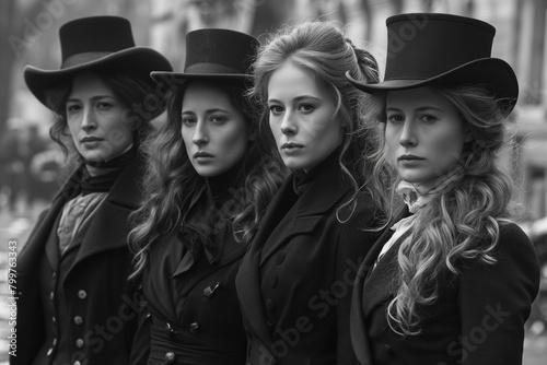 A black and white photograph captures a group of young women clad in thick clothing, standing together in early 1900s London.