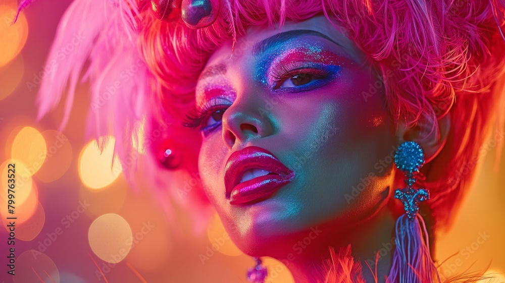 an exquisite drag queen appearing on a stage with dramatic lighting and vibrant backdrops while wearing colourful wigs and makeup