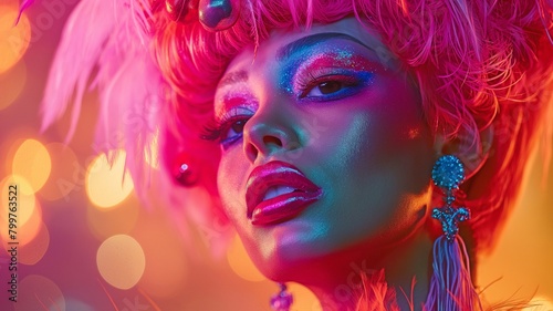 an exquisite drag queen appearing on a stage with dramatic lighting and vibrant backdrops while wearing colourful wigs and makeup