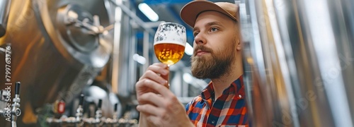 Brewer sommeliers sample craft beer from the brewery factory and assess its colour and quality.