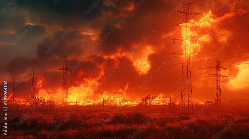 Close to the electricity transmission tower line, a bushfire is raging.