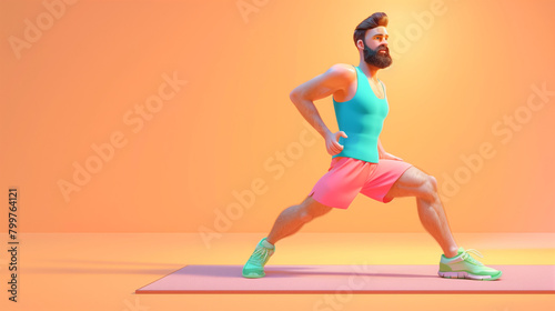 Full length of young cute cartoon bearded brunette man wears sportswear, pink shorts, blue tank top, green sneakers doing dynamic warm-up exercises, side lunges on the mat. 3d render in pastel colors