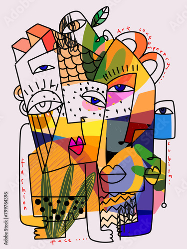 Group of colorful abstract face portrait cubism art style, decorative, line art hand drawn vector illustration. Aesthetic design for wall art, decoration, poster,card and cover.