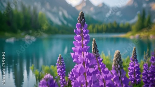 Colorful full lupine flowers growing beside a blue lake, morning sunlight, and mountain in the background photo