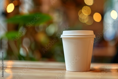 Eco-Friendly Disposable Coffee Cup on Wooden Cafe Table with Blurred Background photo