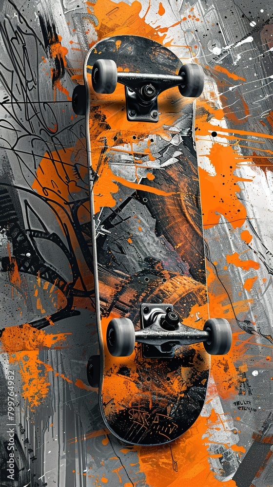 Fototapeta premium Adventure sports teen birthday card mockup, A skateboard juxtaposed on a vibrant orange and gray abstract graffiti background, evoking urban street culture.