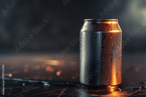Chilled Beverage Can with Condensation on Dark Moody Background