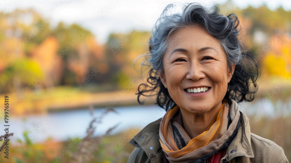 A pretty Asian woman over 50 on a walk in the park or in the forest against the background of a lake in autumn. An optimistic and positive woman aged in nature. A pretty Asian woman over 50 on a walk in the park or in the forest against the background of a lake in autumn. An optimistic and positive woman aged in nature.