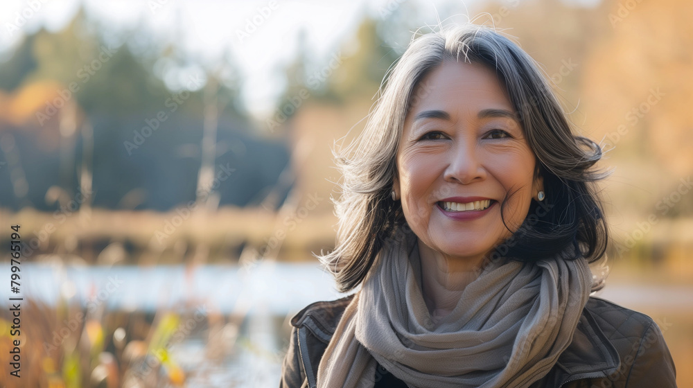 A pretty Asian woman over 50 on a walk in the park or in the forest against the background of a lake in autumn. An optimistic and positive woman aged in nature. A pretty Asian woman over 50 on a walk in the park or in the forest against the background of a lake in autumn. An optimistic and positive woman aged in nature.