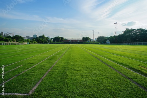 Envision an empty training ground on a windy day, the grass bending and swaying in the breeze, the sound of rustling leaves, Generative AI