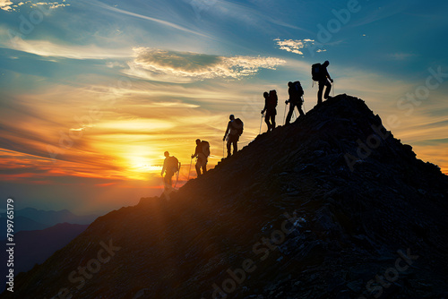 Sunset over mountain peaks with silhouettes of people celebrating on summit