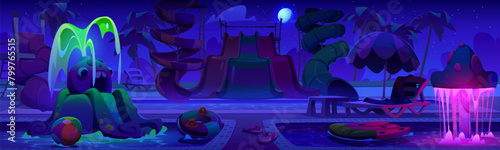 Night summer waterpark with slide cartoon. Water park with swimming pool and child playground on resort. Amusement summertime environment with pipe, inflatable lifebuoy ring and neon glow fountain