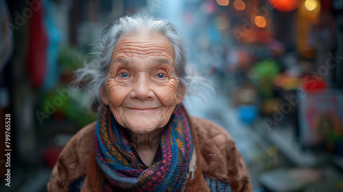 Close-up portrait captures the cheerful smile of a homeless elderly woman, her face weathered but eyes twinkling, donning a coat in the city.