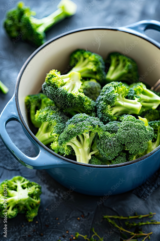 Closeup of pieces of fresh broccoli in pot
Closeup of pieces of fresh broccoli in pot
