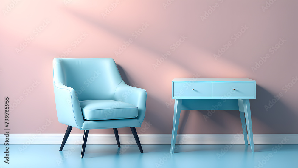 A blue chair sits in front of a white desk A blue chair sits in front of a white desk