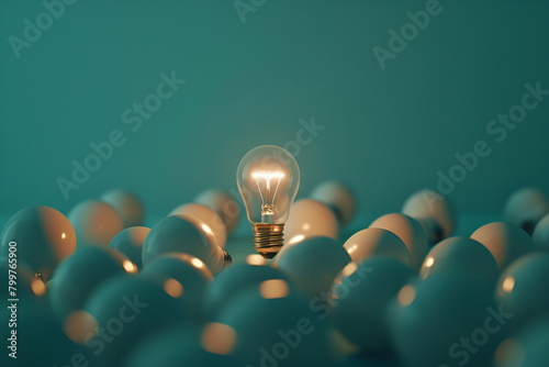 A single bulb shines brightly among dim ones, symbolizing a standout idea or innovation